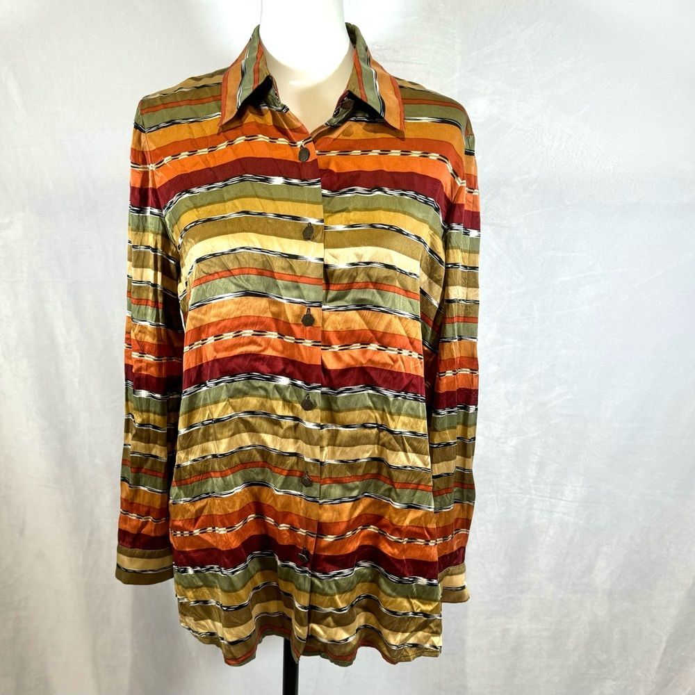 Earthtone colors 100% Silk long sleeve button down top size small